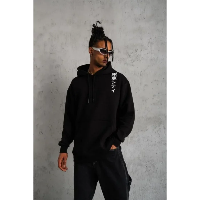 Erkek 3 İplik Pamuklu Kapüşonlu Baskılı Cepli Oversize Sweatshirt Hoodie - Siyah