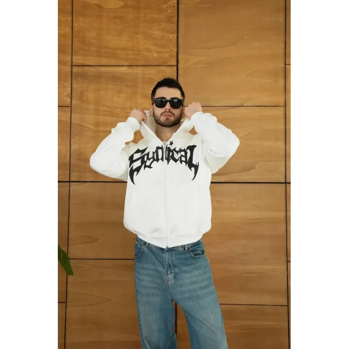 Erkek Kapüşonlu 3 İplik Şardonlu Önü Baskılı Fermuarlı Oversize Sweatshirt - Beyaz