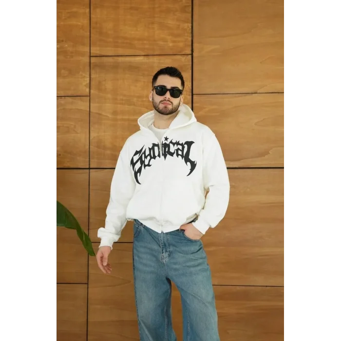Erkek Kapüşonlu 3 İplik Şardonlu Önü Baskılı Fermuarlı Oversize Sweatshirt - Beyaz