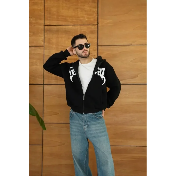 Erkek Kapüşonlu 3 İplik Şardonlu Önü Baskılı Fermuarlı Oversize Sweatshirt - Siyah