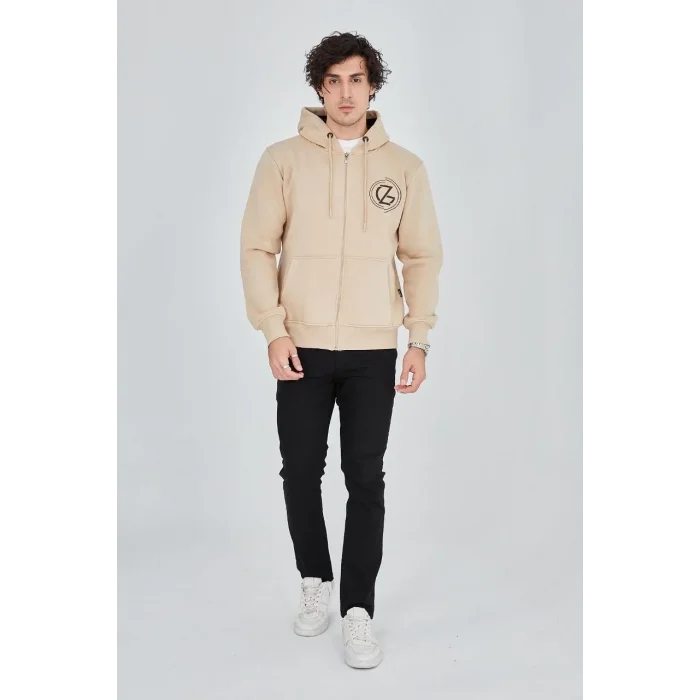 Erkek 3 İplik Pamuklu Fermuarlı Kapüşonlu Kanguru Cepli Baskılı Hoodie Hırka Sweatshirt - Bej