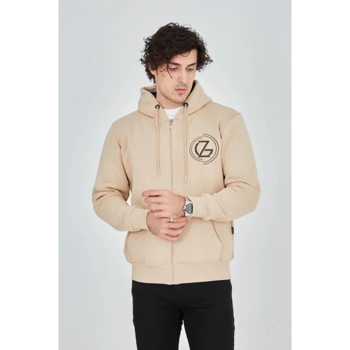 Erkek 3 İplik Pamuklu Fermuarlı Kapüşonlu Kanguru Cepli Baskılı Hoodie Hırka Sweatshirt - Bej