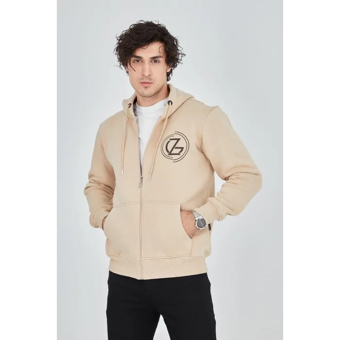 Erkek 3 İplik Pamuklu Fermuarlı Kapüşonlu Kanguru Cepli Baskılı Hoodie Hırka Sweatshirt - Bej