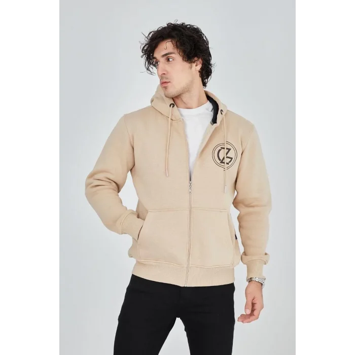 Erkek 3 İplik Pamuklu Fermuarlı Kapüşonlu Kanguru Cepli Baskılı Hoodie Hırka Sweatshirt - Bej