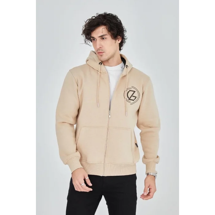 Erkek 3 İplik Pamuklu Fermuarlı Kapüşonlu Kanguru Cepli Baskılı Hoodie Hırka Sweatshirt - Bej