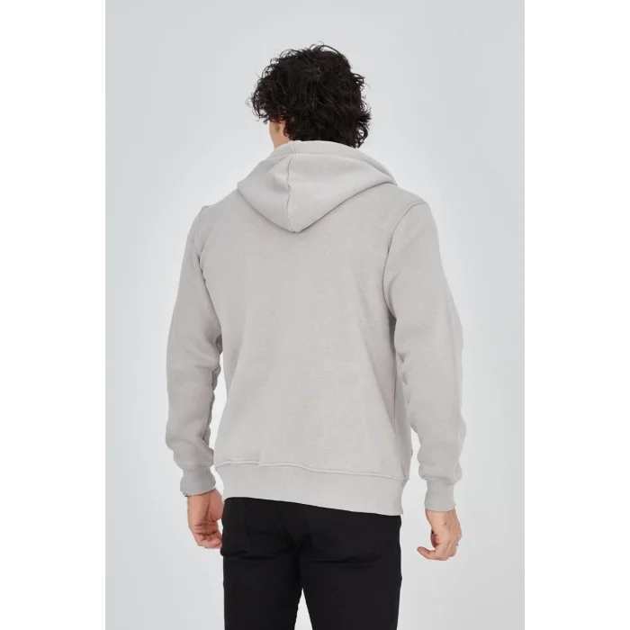 Erkek 3 İplik Pamuklu Fermuarlı Kapüşonlu Kanguru Cepli Baskılı Hoodie Hırka Sweatshirt - Boyalı Gri