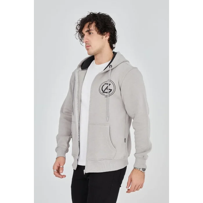 Erkek 3 İplik Pamuklu Fermuarlı Kapüşonlu Kanguru Cepli Baskılı Hoodie Hırka Sweatshirt - Boyalı Gri