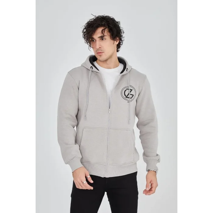 Erkek 3 İplik Pamuklu Fermuarlı Kapüşonlu Kanguru Cepli Baskılı Hoodie Hırka Sweatshirt - Boyalı Gri