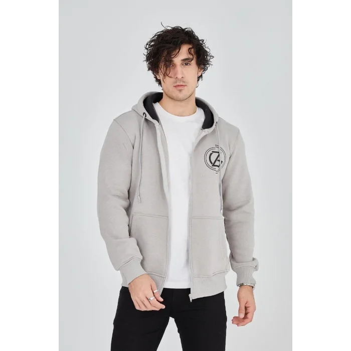 Erkek 3 İplik Pamuklu Fermuarlı Kapüşonlu Kanguru Cepli Baskılı Hoodie Hırka Sweatshirt - Boyalı Gri