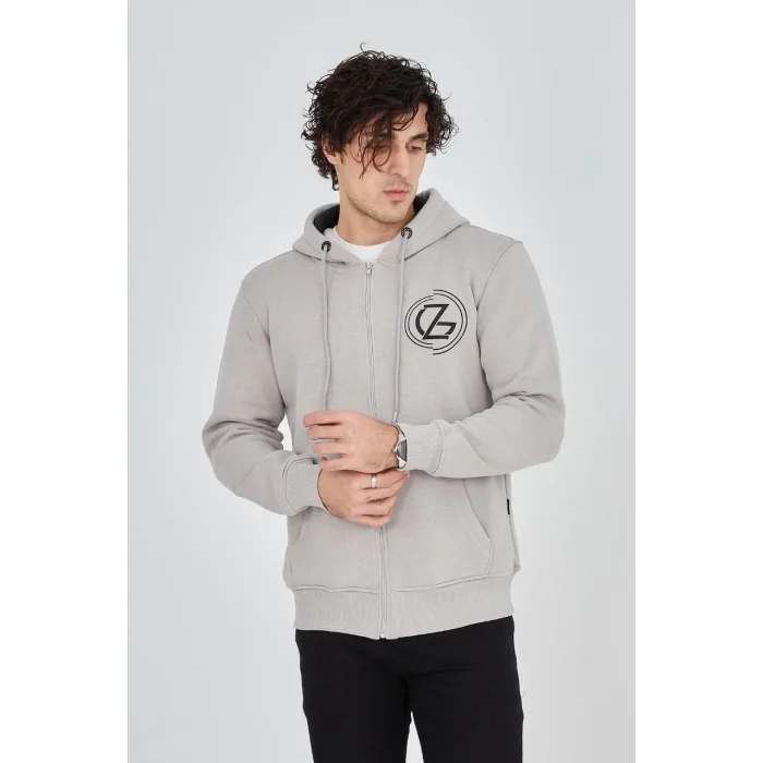 Erkek 3 İplik Pamuklu Fermuarlı Kapüşonlu Kanguru Cepli Baskılı Hoodie Hırka Sweatshirt - Boyalı Gri