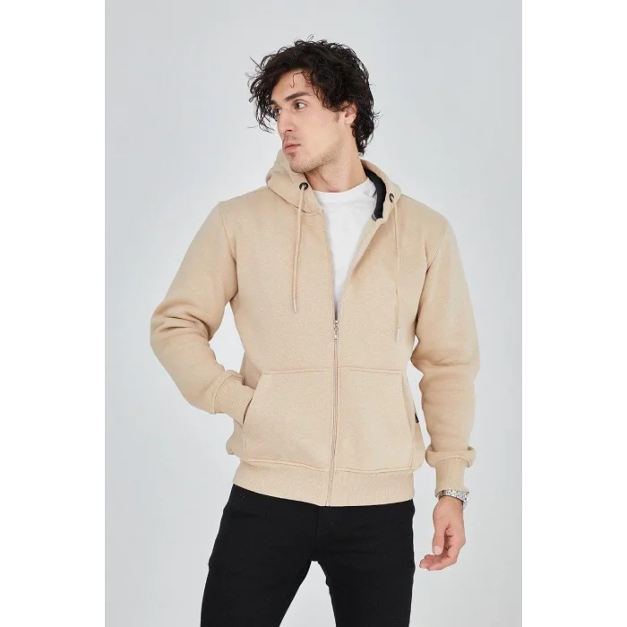 Erkek 3 İplik Pamuklu Fermuarlı Kapüşonlu Kanguru Cepli Hoodie Hırka Sweatshirt -Bej