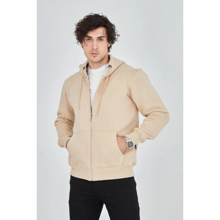 Erkek 3 İplik Pamuklu Fermuarlı Kapüşonlu Kanguru Cepli Hoodie Hırka Sweatshirt -Bej
