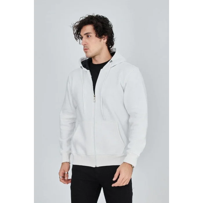 Erkek 3 İplik Pamuklu Fermuarlı Kapüşonlu Kanguru Cepli Hoodie Hırka Sweatshirt - Beyaz