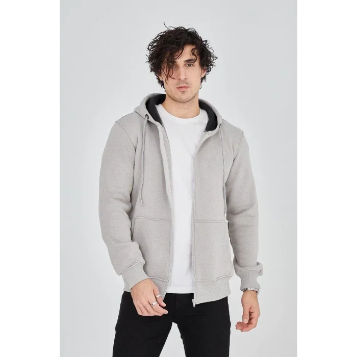 Erkek 3 İplik Pamuklu Fermuarlı Kapüşonlu Kanguru Cepli Hoodie Hırka Sweatshirt - Boyalı Gri