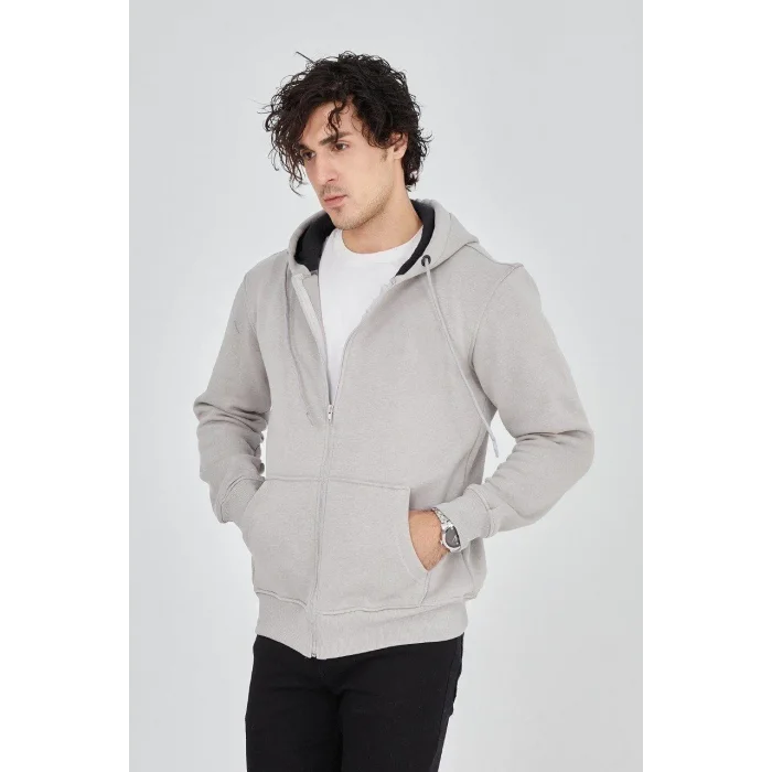 Erkek 3 İplik Pamuklu Fermuarlı Kapüşonlu Kanguru Cepli Hoodie Hırka Sweatshirt - Boyalı Gri