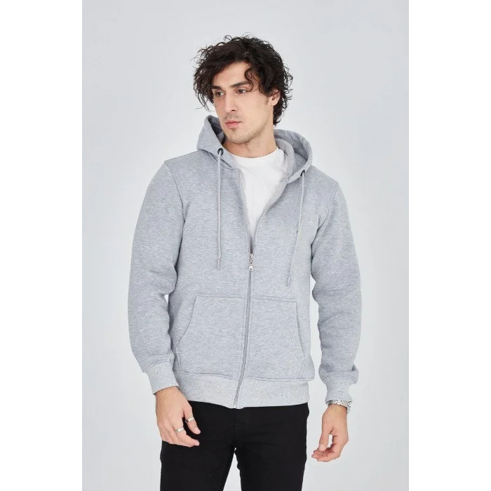 Erkek 3 İplik Pamuklu Fermuarlı Kapüşonlu Kanguru Cepli Hoodie Hırka Sweatshirt - Gri