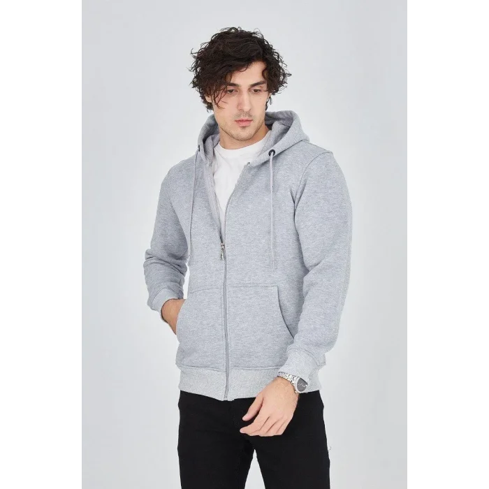 Erkek 3 İplik Pamuklu Fermuarlı Kapüşonlu Kanguru Cepli Hoodie Hırka Sweatshirt - Gri