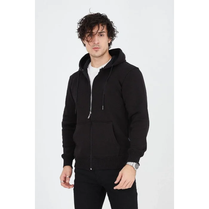 Erkek 3 İplik Pamuklu Fermuarlı Kapüşonlu Kanguru Cepli Hoodie Hırka Sweatshirt - Siyah