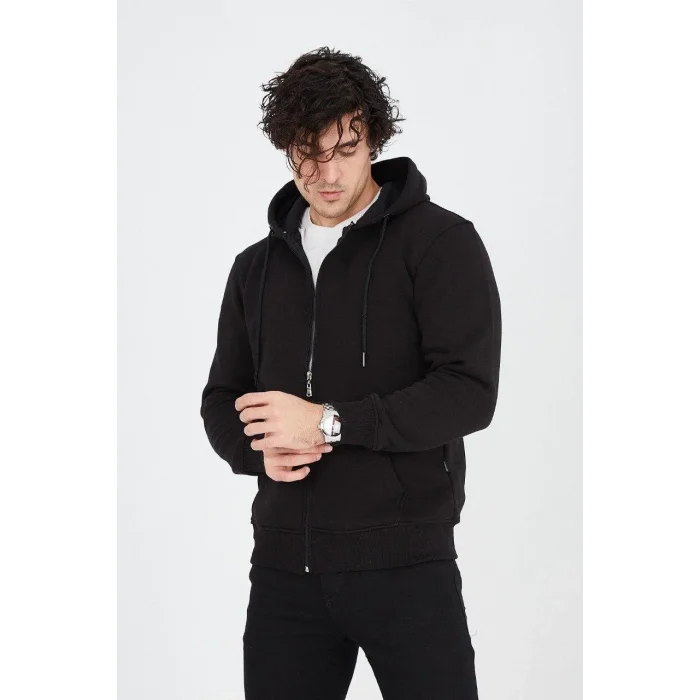 Erkek 3 İplik Pamuklu Fermuarlı Kapüşonlu Kanguru Cepli Hoodie Hırka Sweatshirt - Siyah