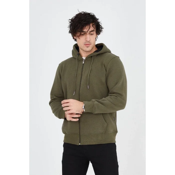 Erkek 3 İplik Pamuklu Fermuarlı Kapüşonlu Kanguru Cepli Hoodie Hırka Sweatshirt - Yeşil