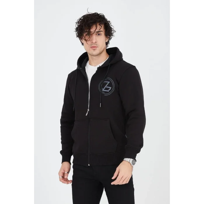 Erkek 3 İplik Pamuklu Fermuarlı Kapüşonlu Kanguru Cepli Baskılı Hoodie Hırka Sweatshirt - Siyah