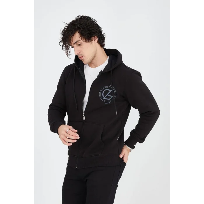 Erkek 3 İplik Pamuklu Fermuarlı Kapüşonlu Kanguru Cepli Baskılı Hoodie Hırka Sweatshirt - Siyah