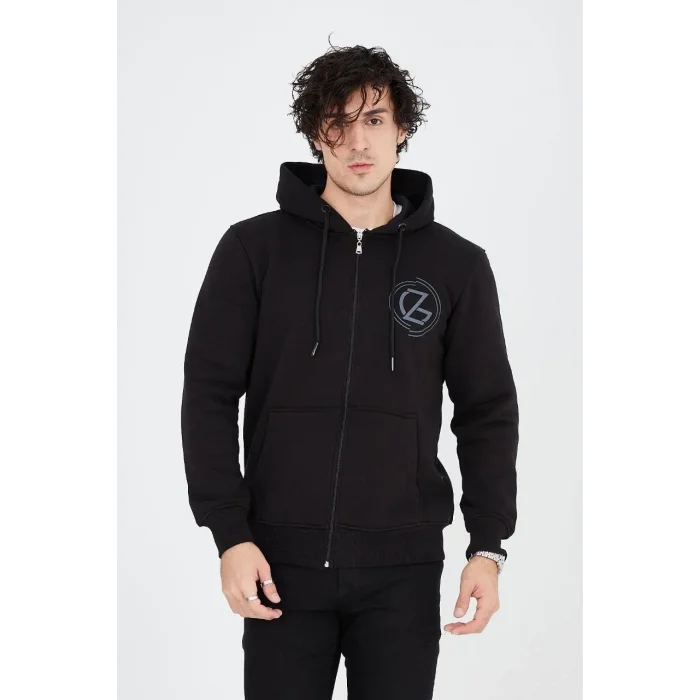 Erkek 3 İplik Pamuklu Fermuarlı Kapüşonlu Kanguru Cepli Baskılı Hoodie Hırka Sweatshirt - Siyah
