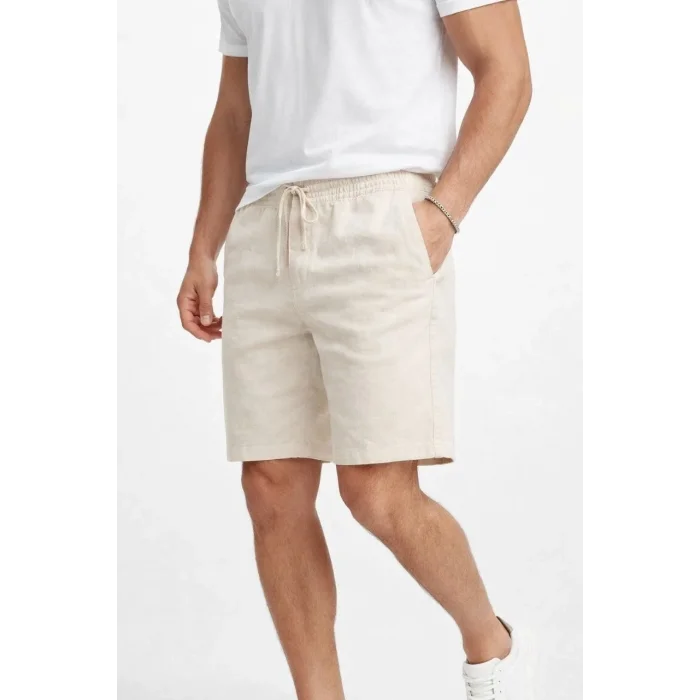 Erkek Keten Kumaş Cepli Rahat Kesim Bel Lastikli Şort - Krem