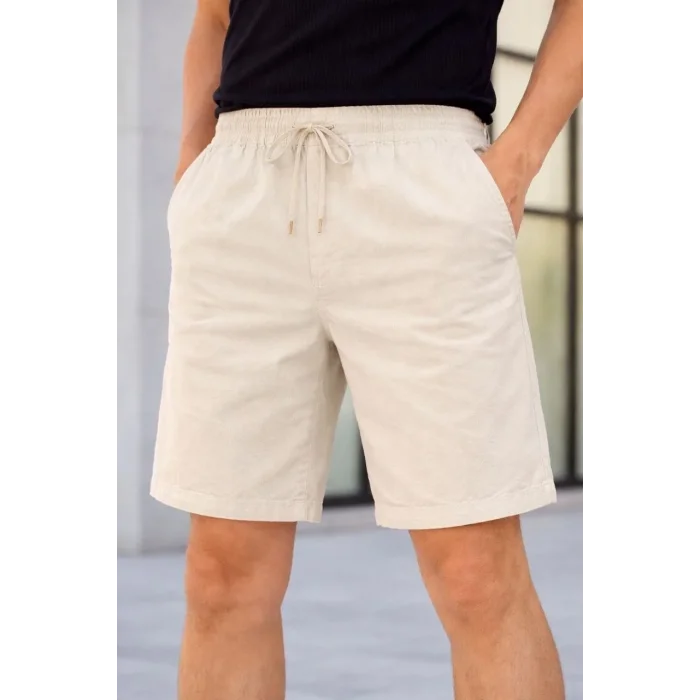 Erkek Keten Kumaş Cepli Rahat Kesim Bel Lastikli Şort - Krem