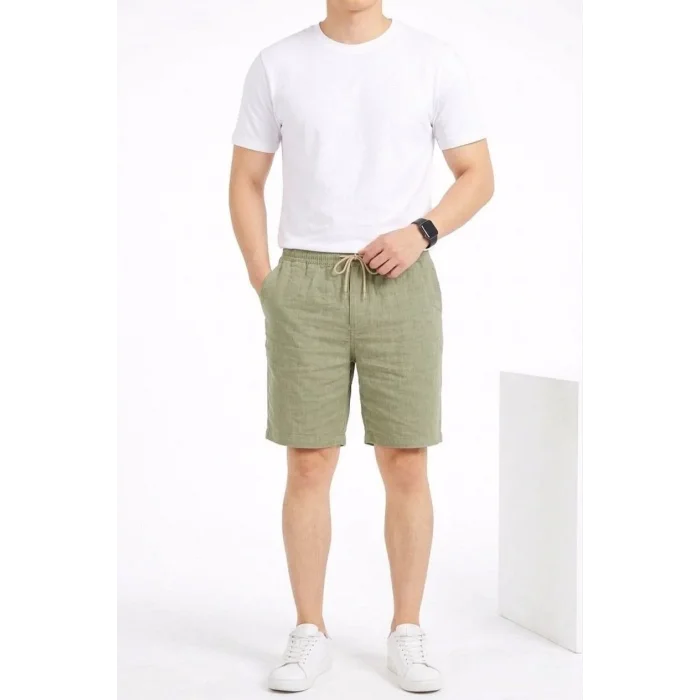 Erkek Keten Kumaş Cepli Rahat Kesim Bel Lastikli Şort - Mint Yeşili