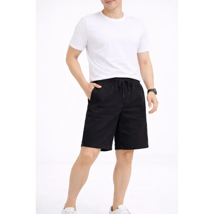 Erkek Keten Kumaş Cepli Rahat Kesim Bel Lastikli Şort - Siyah