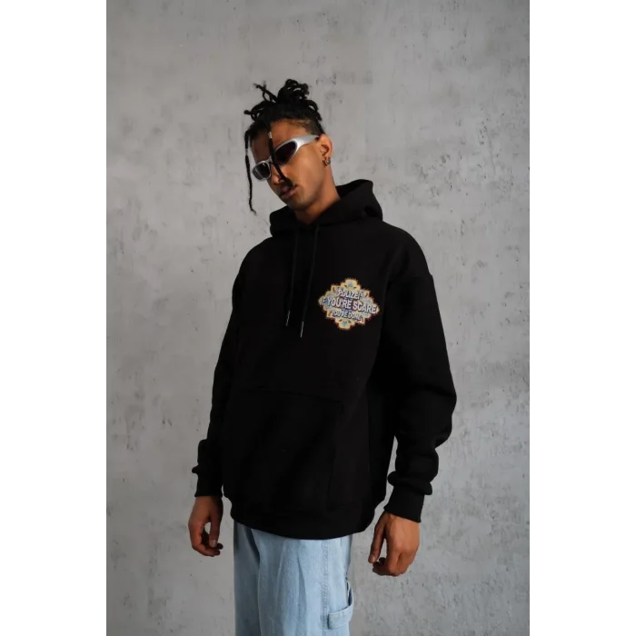 Erkek 3 İplik Pamuklu Kapüşonlu Baskılı Cepli Oversize Sweatshirt Hoodie - Siyah