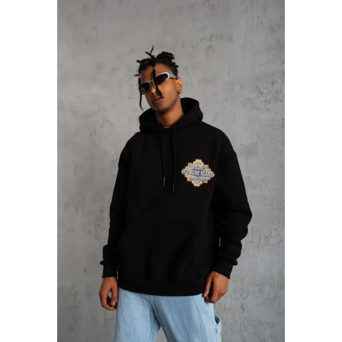 Erkek 3 İplik Pamuklu Kapüşonlu Baskılı Cepli Oversize Sweatshirt Hoodie - Siyah