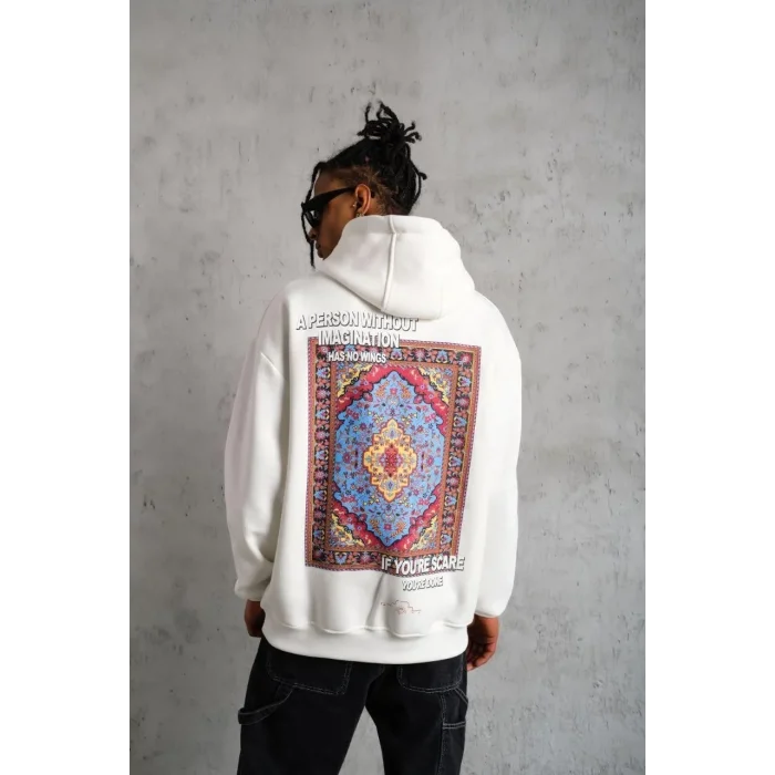 Erkek 3 İplik Pamuklu Kapüşonlu Baskılı Cepli Oversize Sweatshirt Hoodie - Beyaz
