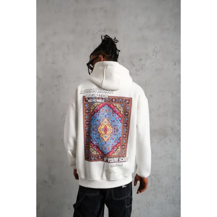 Erkek 3 İplik Pamuklu Kapüşonlu Baskılı Cepli Oversize Sweatshirt Hoodie - Beyaz