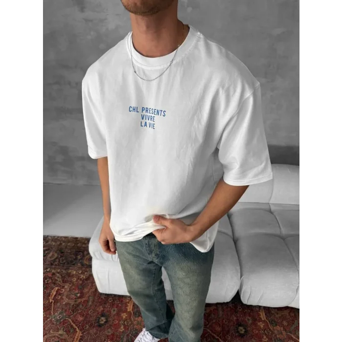 Erkek Ön ve Arka Baskılı T-Shirt Kısa Kol Bisiklet Yaka Regular Fit Tişört - Beyaz