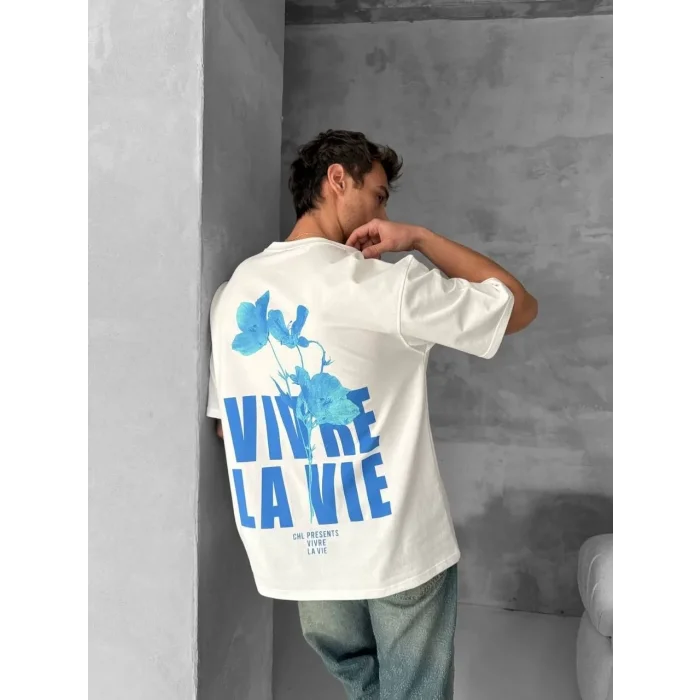 Erkek Ön ve Arka Baskılı T-Shirt Kısa Kol Bisiklet Yaka Regular Fit Tişört - Beyaz