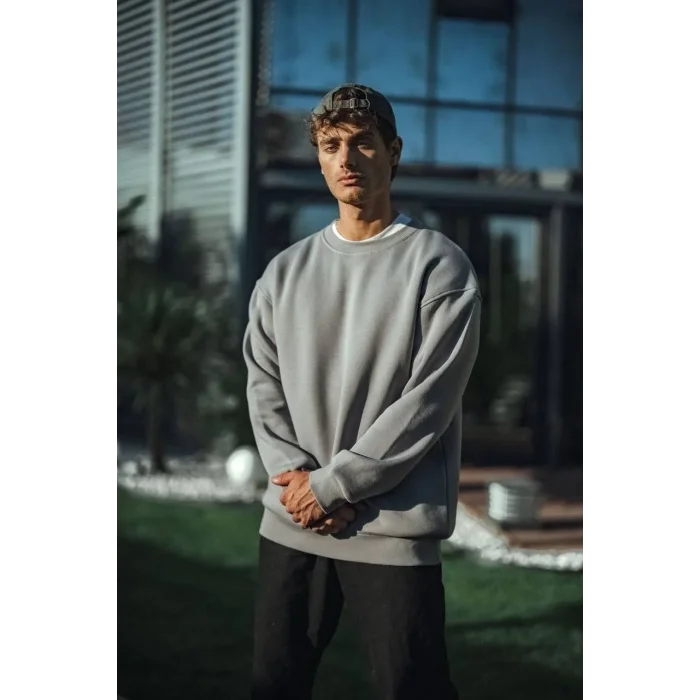 Erkek Bisiklet Yaka 3 İplik pamuklu Basic SweatShirt - Boyalı Gri