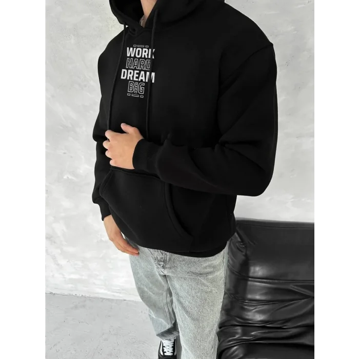 Erkek Kapüşonlu Kanguru Cepli Sweatshirt 3 İplik Pamuklu Baskılı Hoodie - Siyah