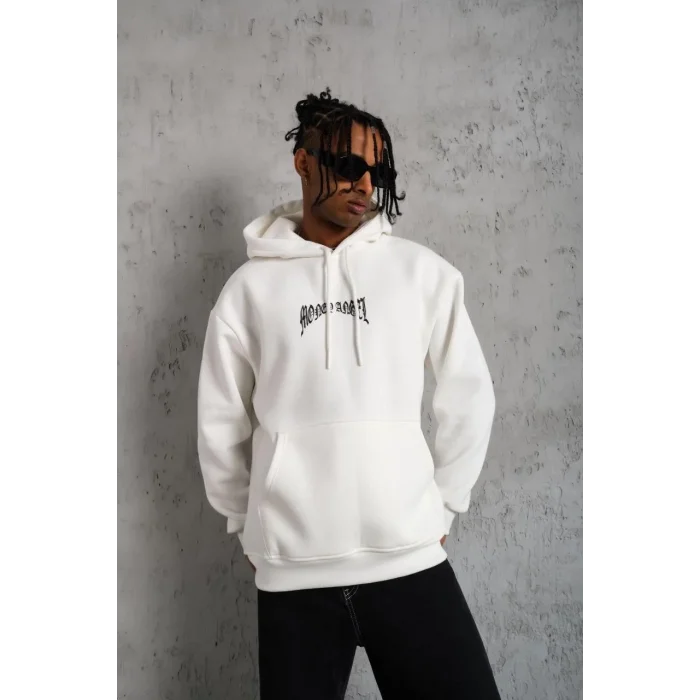 Erkek 3 İplik Pamuklu Baskılı Kapüşonlu Cepli Sweatshirt Hoodie - Beyaz