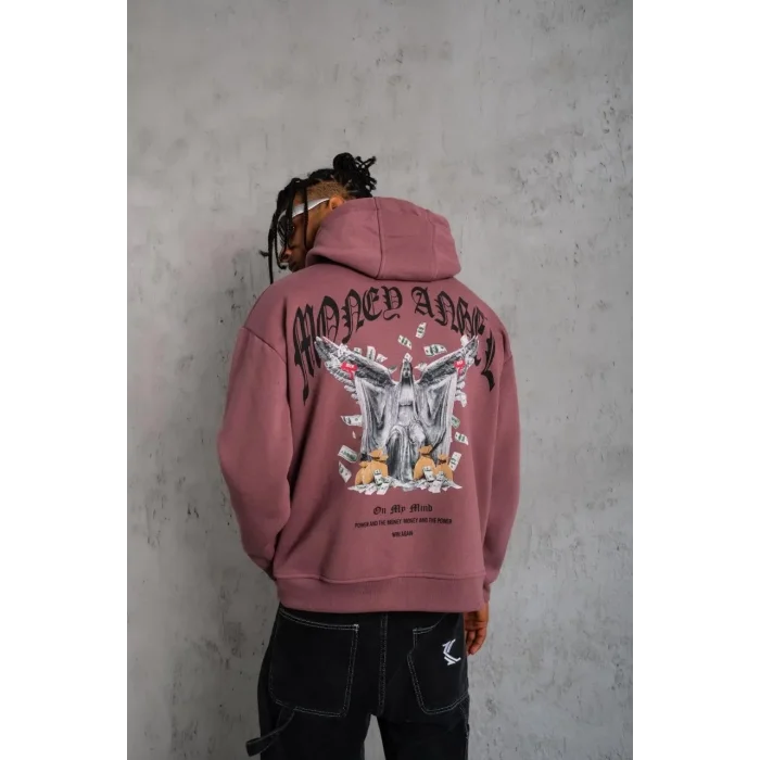 Erkek 3 İplik Pamuklu Baskılı Kapüşonlu Cepli Sweatshirt Hoodie - Gül Kurusu