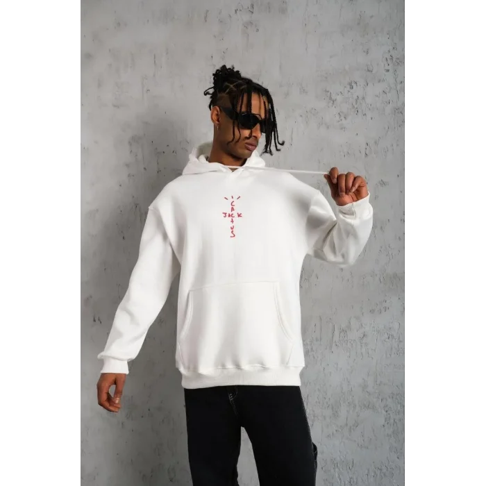 Erkek Kordonlu Arka Maske Kordon Saçlı Kapüşonlu sweatshirt hoodie - Beyaz