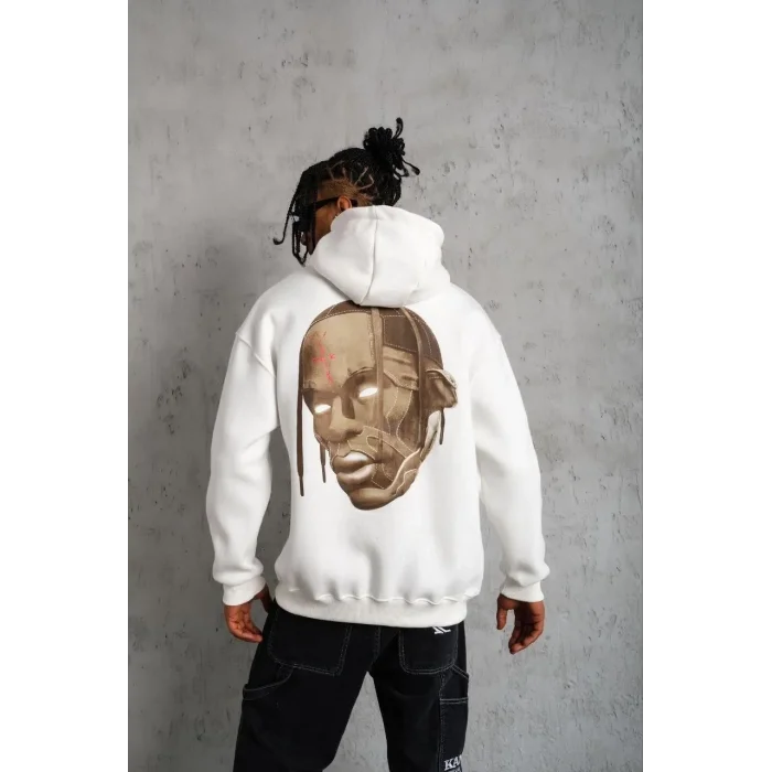 Erkek Kordonlu Arka Maske Kordon Saçlı Kapüşonlu sweatshirt hoodie - Beyaz