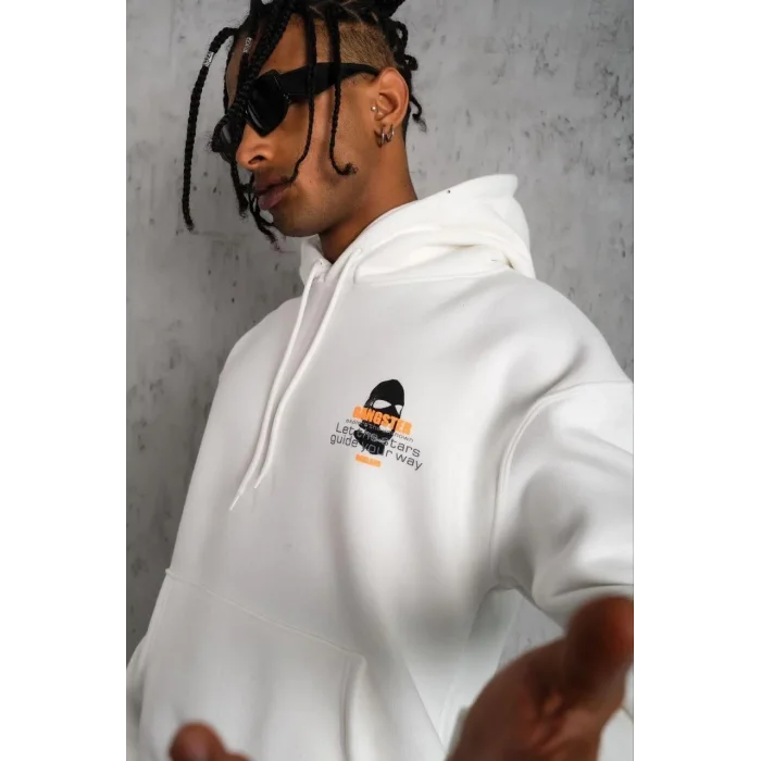 Erkek Maske Baskılı 3 iplik pamuklu Kapüşonlu Sweatshirt hoodie - Beyaz
