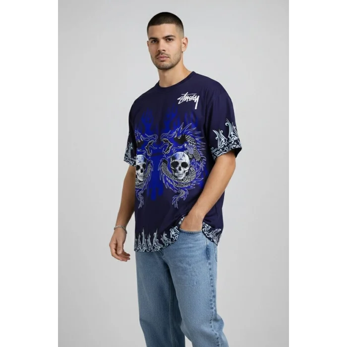 Erkek Lacivert Oversize Tişört Dragon & Kuru Kafa Baskılı Bisiklet Yaka Streetwear T-Shirt - Lacivert