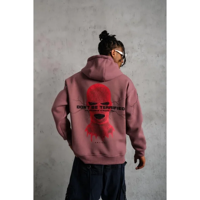 Erkek 3 İplik Pamuklu Kapüşonlu Baskılı Cepli Sweatshirt Hoodie - Gül Kurusu