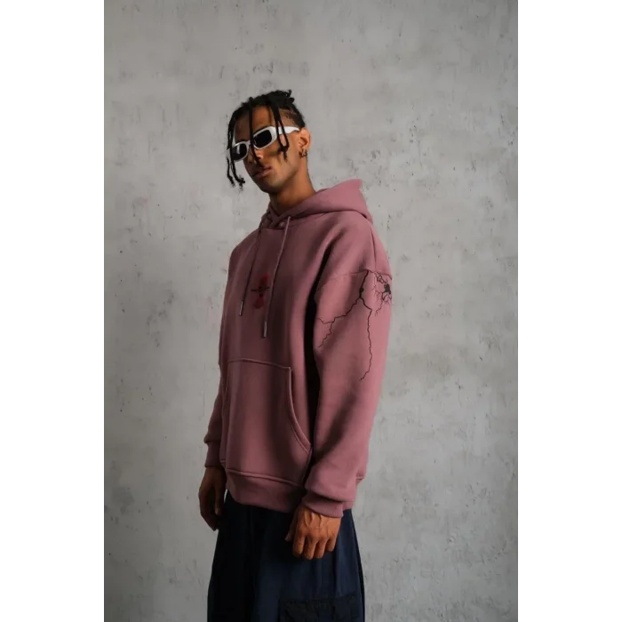 Erkek 3 İplik Pamuklu Kapüşonlu Baskılı Cepli Sweatshirt Hoodie - Gül Kurusu