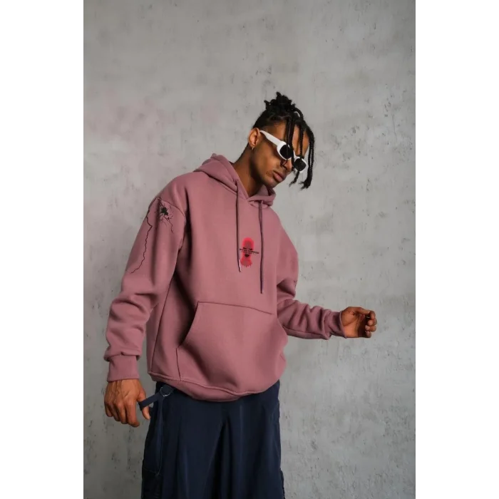 Erkek 3 İplik Pamuklu Kapüşonlu Baskılı Cepli Sweatshirt Hoodie - Gül Kurusu