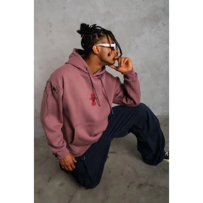 Erkek 3 İplik Pamuklu Kapüşonlu Baskılı Cepli Sweatshirt Hoodie - Gül Kurusu