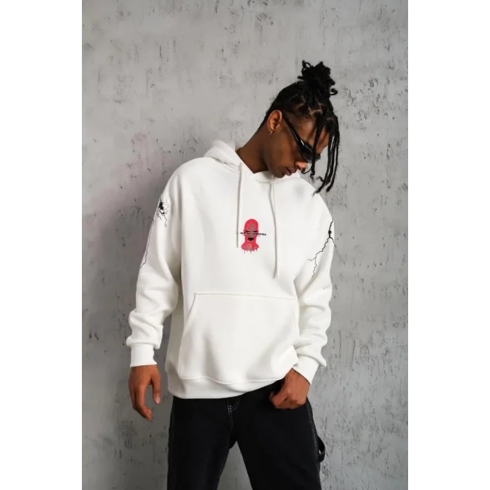 Erkek 3 İplik Pamuklu Kapüşonlu Baskılı Cepli Oversize Sweatshirt Hoodie - Beyaz